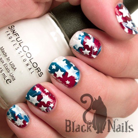 4th of July Water Marble with White Stars Nail Design