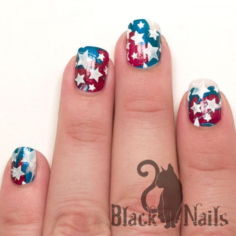 4th of July Water Marble with White Stars Nail Design Flat