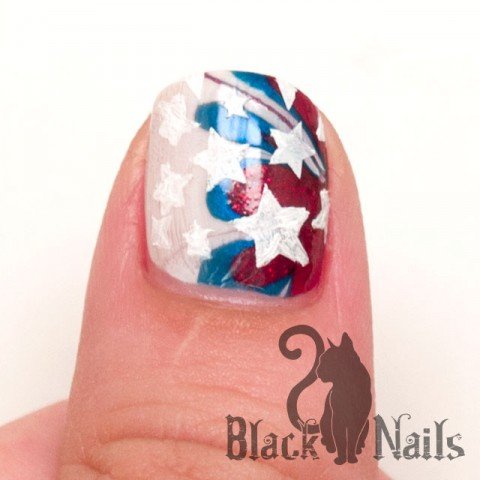 4th of July Water Marble with White Stars Nail Design Thumb