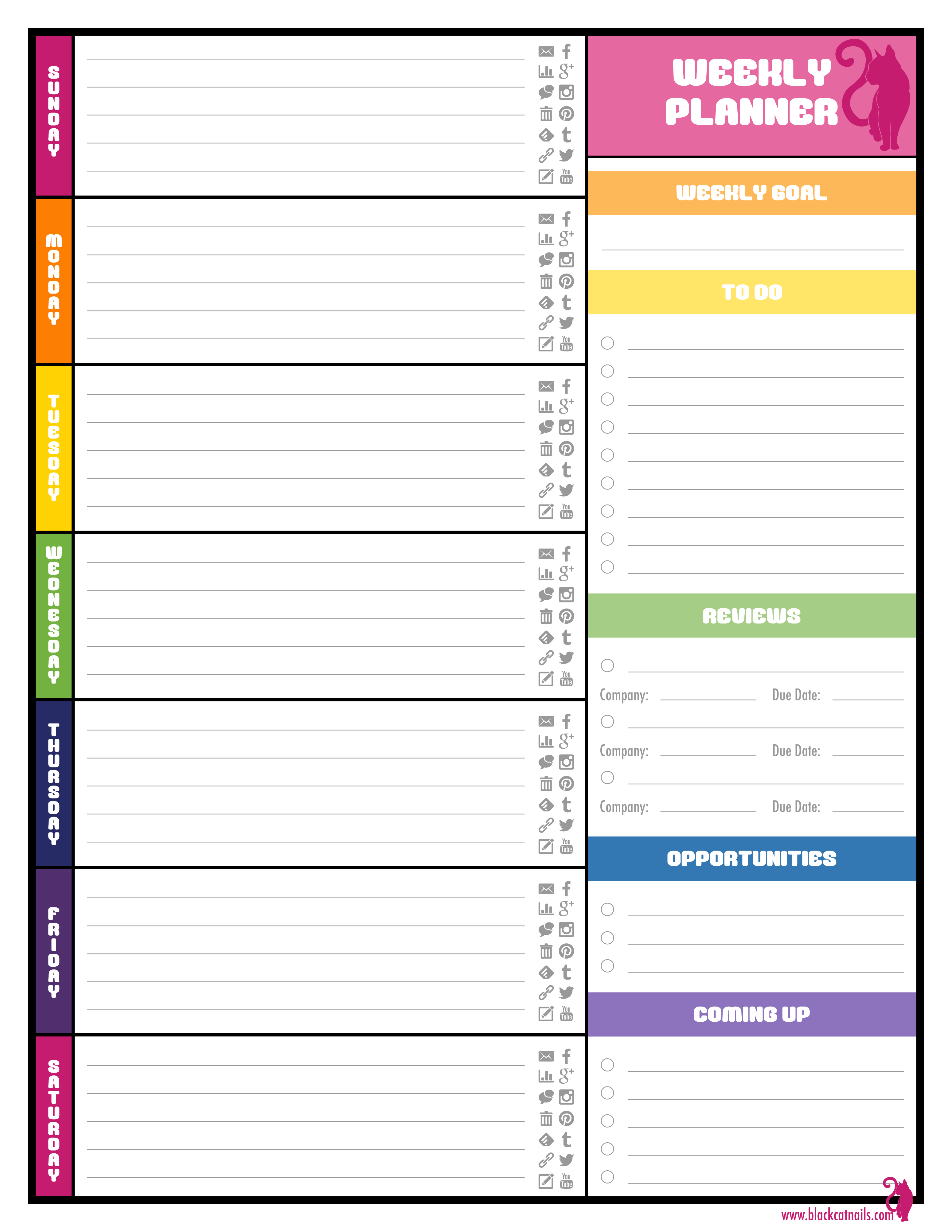 Colorful Weekly Blogging Planner - Blogger Calendar Download | Black